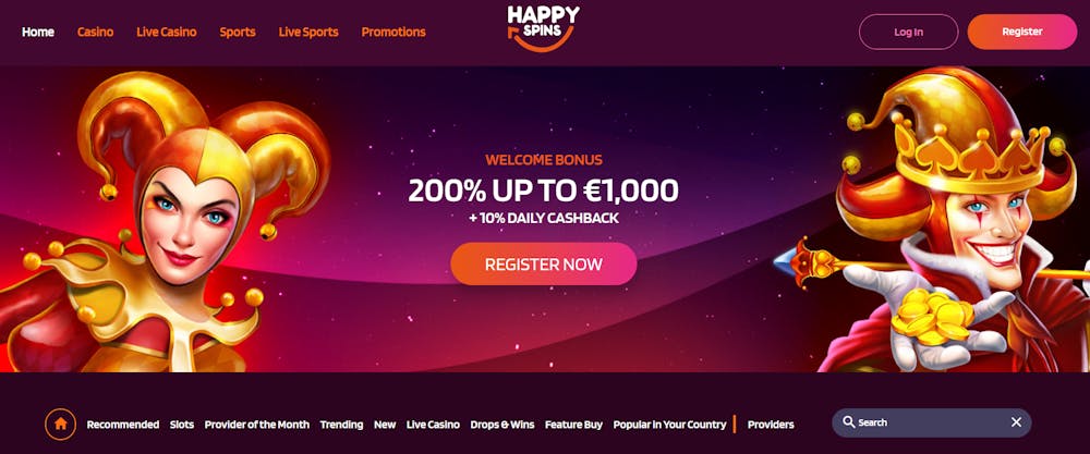 Startsidan hos Happy Spins Casino.