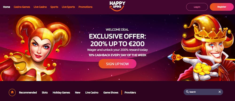 Startsidan hos Happy Spins Casino