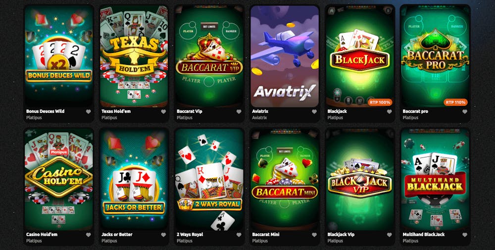 Hos Hexabet finns ett stort utbud av bordsspel. Titlar i bild är bland andra Baccarat VIP, Casino Holdem och Bonus Deuces Wild.