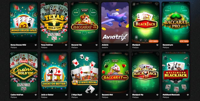 Hos Hexabet finns ett stort utbud av bordsspel. Titlar i bild är bland andra Baccarat VIP, Casino Holdem och Bonus Deuces Wild.