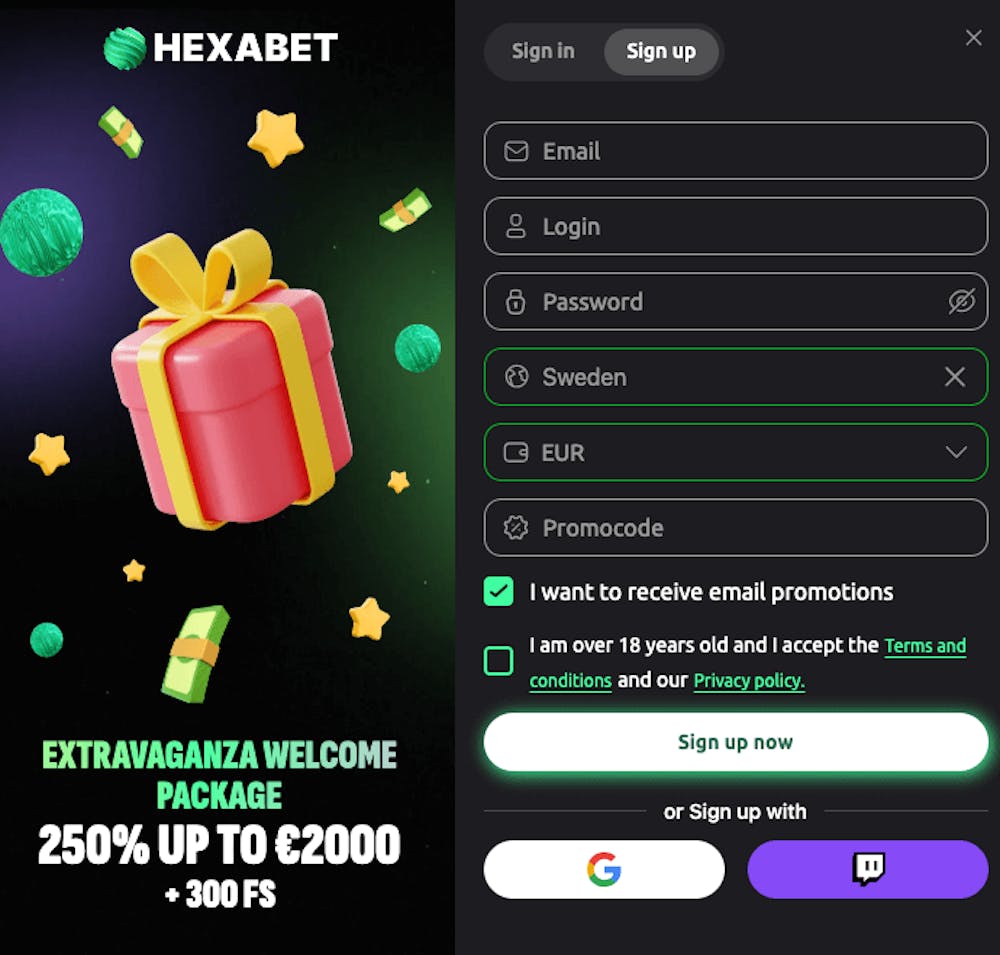 Genom att klicka på Sign Up hamnar man hos Hexabets registreringsformulär. Här visas att e-postadress, användarnamn, lösenord, land och valuta måste fyllas i. I detta steg kan även en bonuskod aktiveras. Det är också möjligt att registrera sig via Google.
