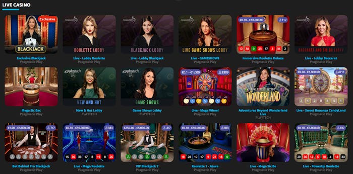 Ett urval av spelbord från live casinot.