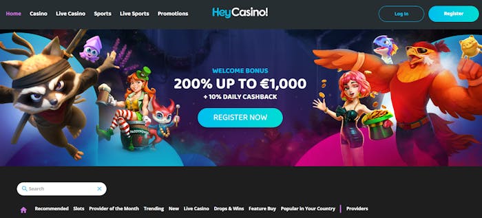 Startsidan hos HeyCasino.