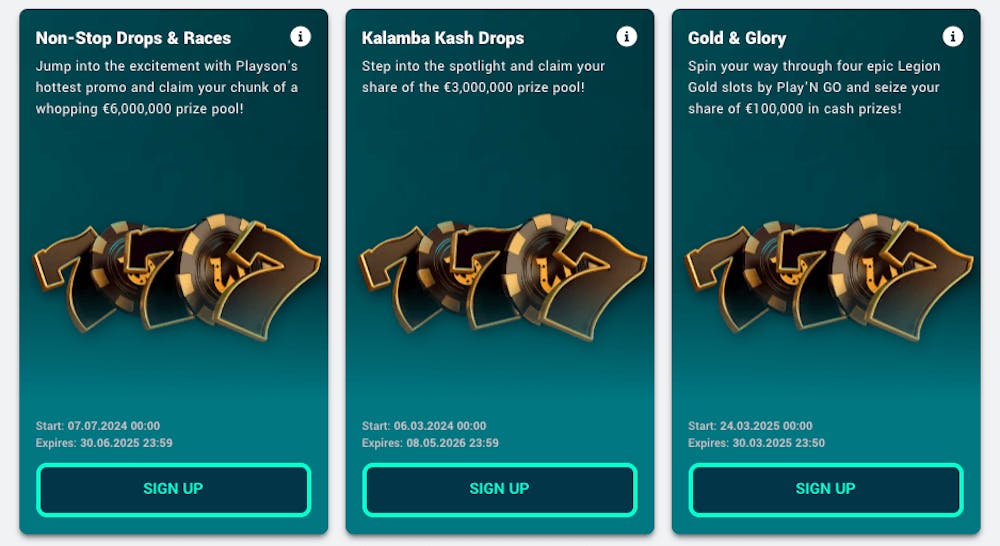 Non-stop Drops and Races, Kalamba Kash Drops samt Gold and Glory är bara några av de kampanjer som finns hos Howzit Casino.