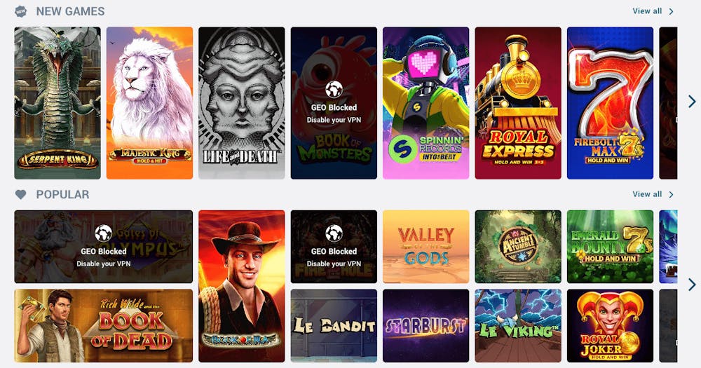 I listor över nya samt populära spel hos Howzit Casino finns titlar som Serpent King, Book of Dead och Starburst.