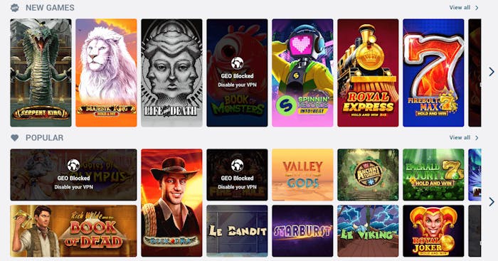 I listor över nya samt populära spel hos Howzit Casino finns titlar som Serpent King, Book of Dead och Starburst.