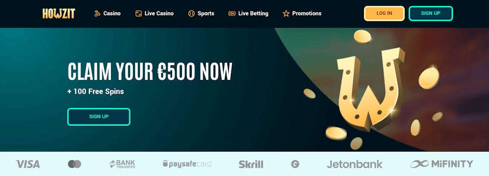 På startsidan hos Howzit Casino är välkomstbonusen i fokus: en 100 procent bonus upp till 500 euro. Startsidan har även en huvudmeny, login- och registreringsknappar samt en lista med tillgängliga betalningsmetoder.