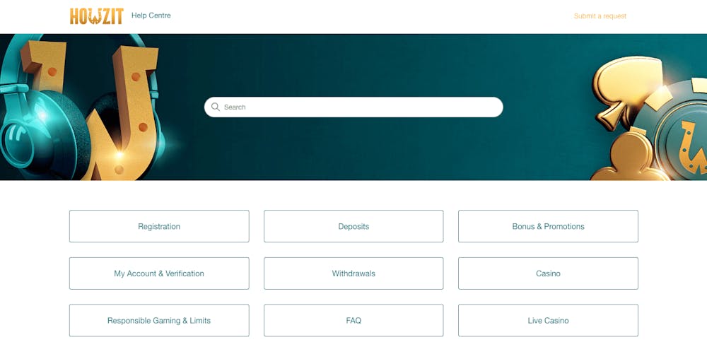 Howzit Casino har ett hjälpcenter var man kan få svar på vanligt förekommande frågor. Kategorier i hjälpcentret är bland andra: Registration, Deposits, Bonus and Promotions, My Account and Verification samt Withdrawals.