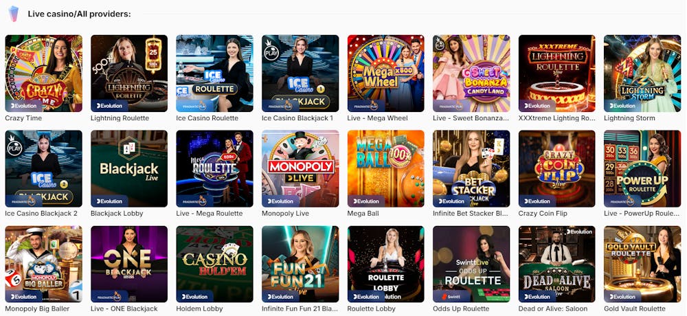 Ett urval av spelen i live casinot.