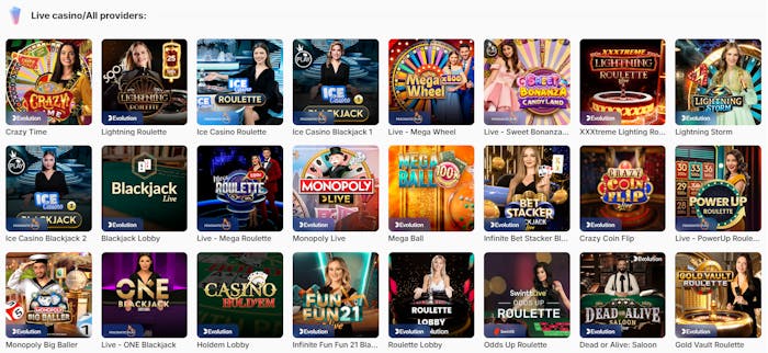 Ett urval av spelen i live casinot.