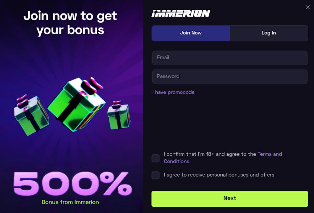 Registreringen på Immerion Casino är smidig. Börja med att fylla i e-postadress och önskat lösenord.