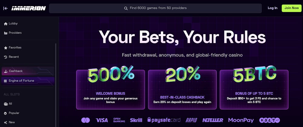 Startsidan på Immerion Casino visar speltyper, casino bonusar, tillgängliga betalningsmetoder och mycket mer.