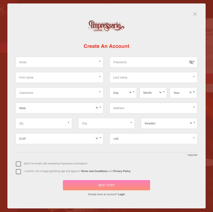 Impressario Casino registreringsformulär med fält för e-postadress, lösenord, namn, efternamn, användarnamn, födelsedatum, kön, adress, zip, stad, land, valuta samt telefonnummer. Knappen 