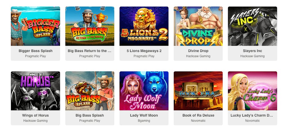 Populära slots hos Impressario Casino listas. Bland annat visas titlar som Big Bass Splash, Book of Ra Deluxe och Wings of Horus.