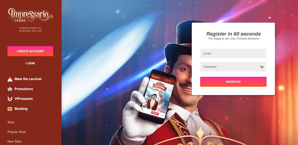 På Impressario Casinos startsida finns en klassisk meny till vänster, och i mitten en bild på en magiker som håller i en mobiltelefon som visar Impressarios mobilcasino. Till höger finns en ruta med texten 