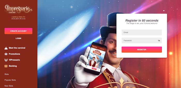 På Impressario Casinos startsida finns en klassisk meny till vänster, och i mitten en bild på en magiker som håller i en mobiltelefon som visar Impressarios mobilcasino. Till höger finns en ruta med texten 