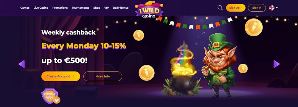 Våra experter har utnämnt iWild Casino till bästa utländska casino 2024. Här på casinots startsida visas bland annat att man kan få veckovis cashback.