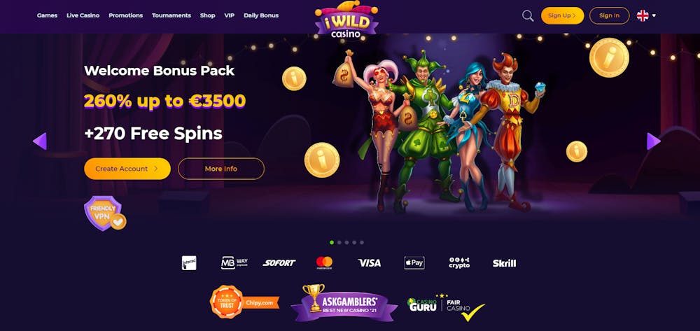 Startsidan hos iWild Casino