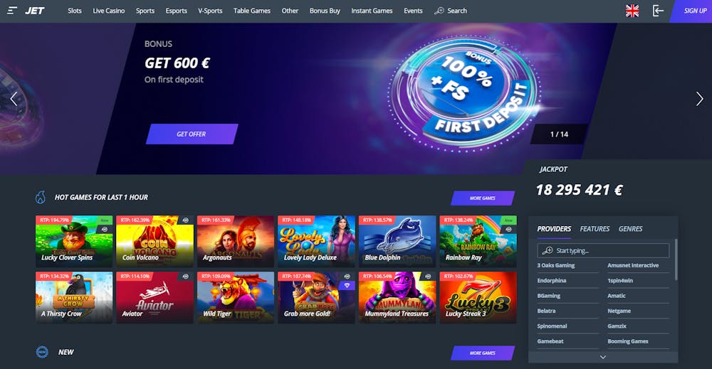 Startsidan hos Jet Casino