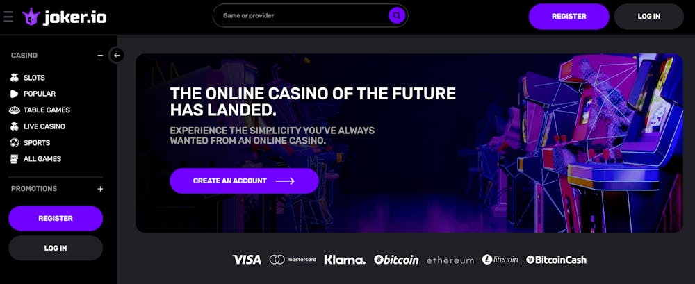 Startsidan hos Joker.io Casino