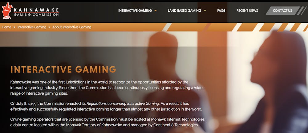 Startsidan hos Kahnawake Gaming Commission. Det är spelmyndigheten som reglerar Kahnawake-casinon.