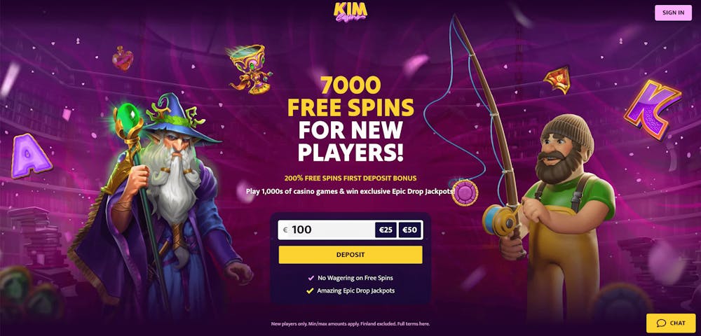 Första sidan hos Kim casino med välkomsterbjudande presenterat.