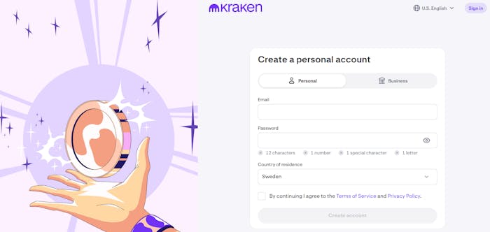 Registreringssidan hos kryptobörsen Kraken.