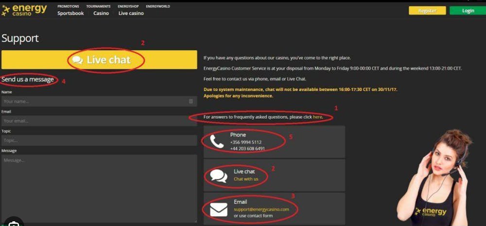 Examples of customer services, such as email, chat and phone at EnergyCasino