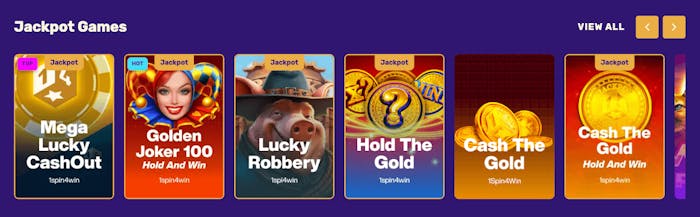 På bild syns några av jackpottspelen som finns hos Let's Lucky Casino. Här syns bland annat Golden Joker 100 och Lucky Robbery.