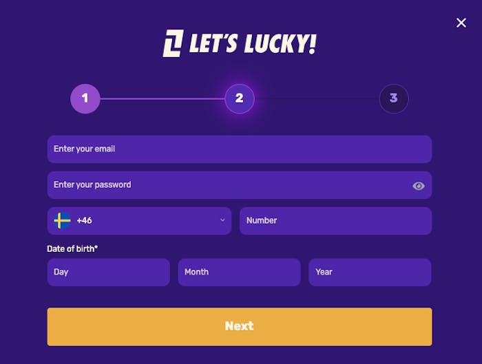 För att skapa ett spelkonto hos Let's Lucky, inled med att fylla i e-postadress samt välj lösenord. Fyll därefter i telefonnummer och födelsenummer. Klicka sedan på Next för att fortsätta.