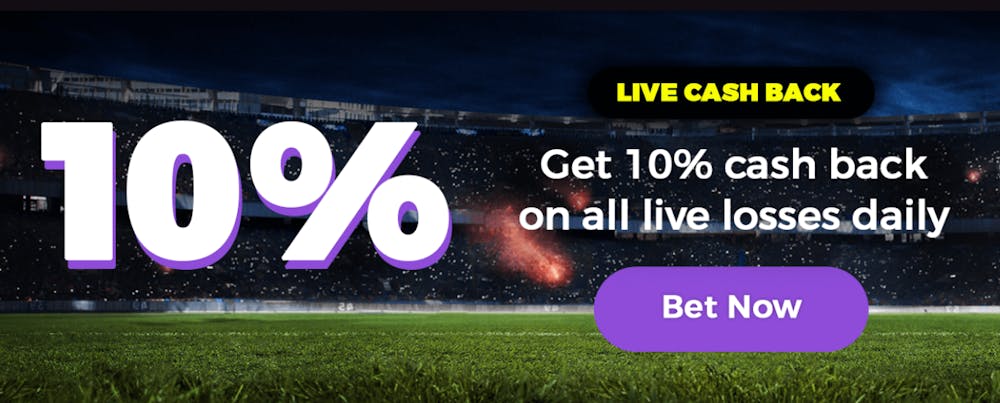 Screenshot av en betting bonus som geer 10% cashback på live matcher.