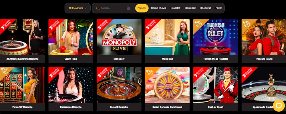 Lobby med live casino spel