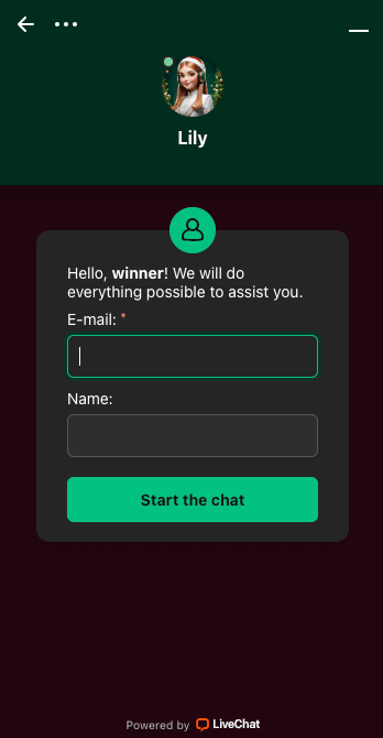 Lordspin Casino har en live-chatt som är öppen mellan 8 och 22 måndag till fredag. Fyll i din e-postadress och namn för att starta chatten.