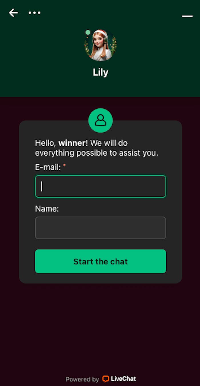 Lordspin Casino har en live-chatt som är öppen mellan 8 och 22 måndag till fredag. Fyll i din e-postadress och namn för att starta chatten.