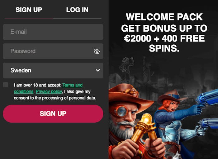 För att inleda registreringsprocessen hos Lordspin ska man fylla i e-postadress, lösenord och land. Via knappen längst ner i formuläret kommer man till nästa steg.