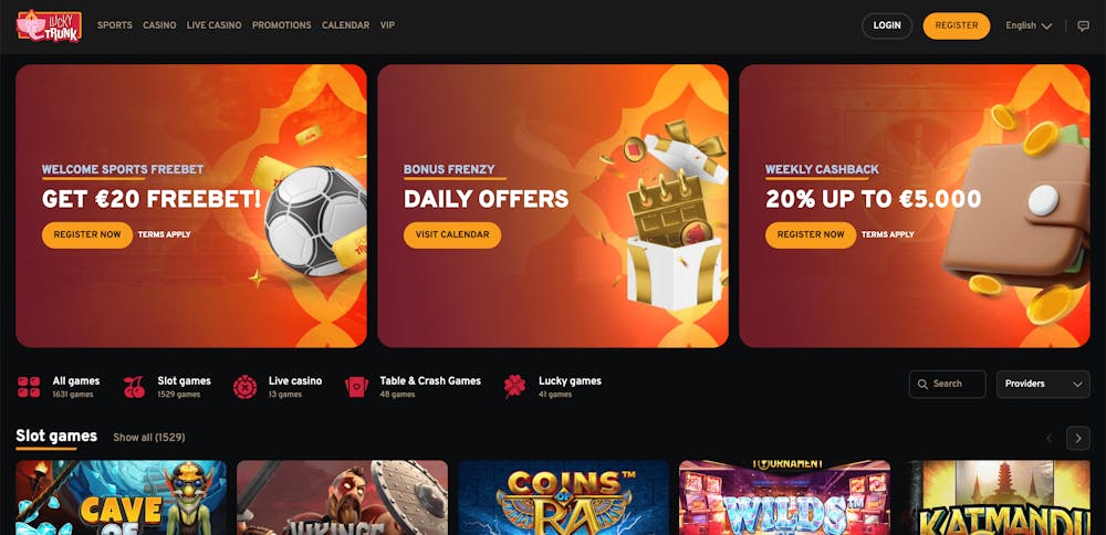 Första sidan av Lucky Trunk Casino.