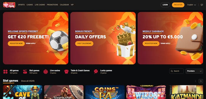 Första sidan av Lucky Trunk Casino.