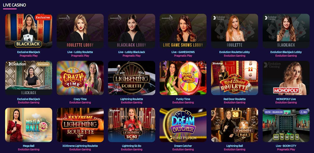 Ett urval av spel i Lyras live casino.