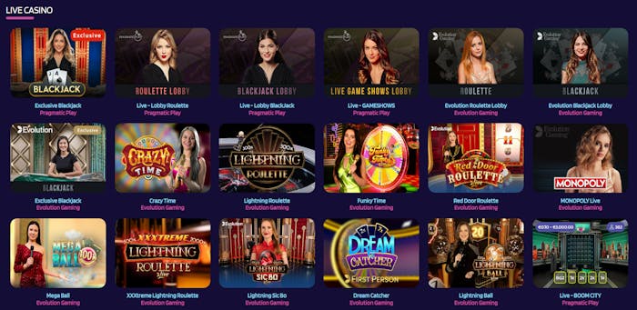 Ett urval av spel i Lyras live casino.