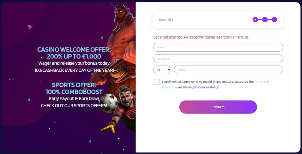 Registreringssidan hos Lyra Casino.