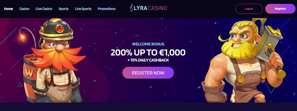 Startsidan hos Lyra Casino.