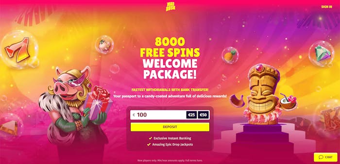 Förstasidan på Mad Rush Casino med ett presenterat välkomsterbjudande.