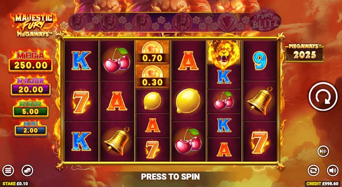 Spelplanen och dess visuella uppbyggnad i sloten Majestic Fury Megaways.