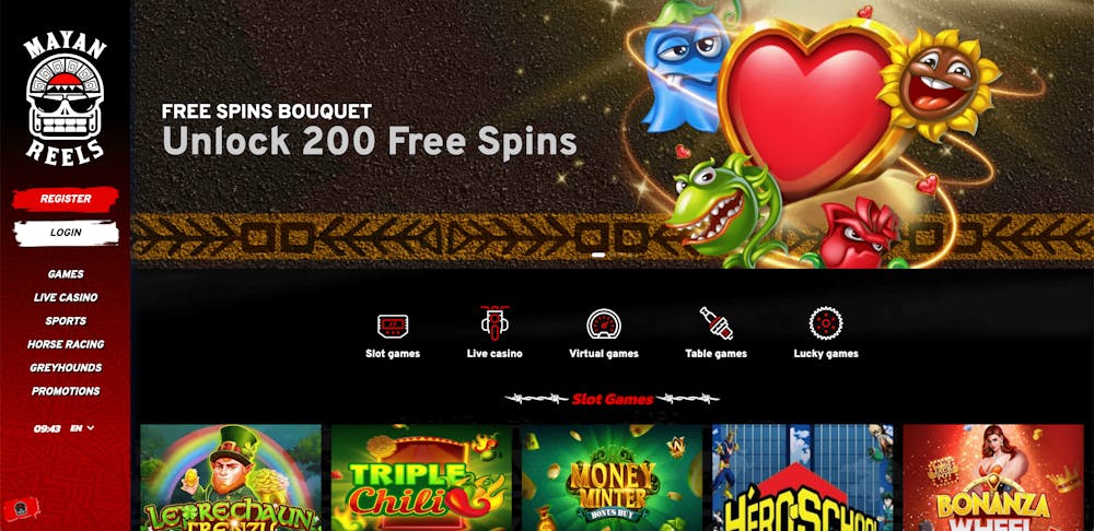 Första sidan av Mayan Reels casino.