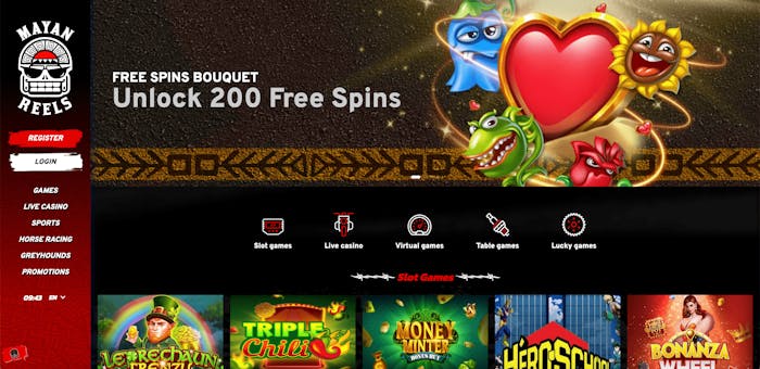 Första sidan av Mayan Reels casino.