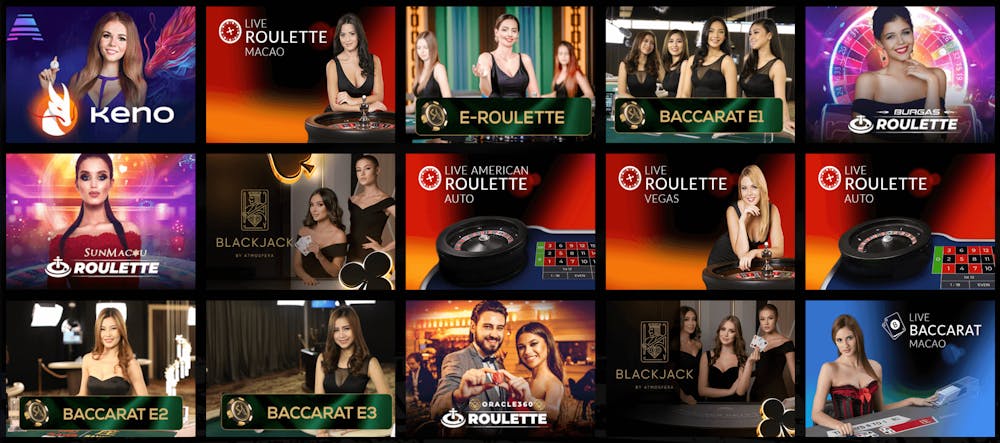 Olika live casino spel som finns på casinot.