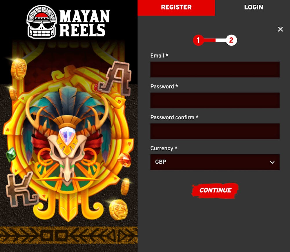 Fältet där du registrerar dig på Mayan Reels. 