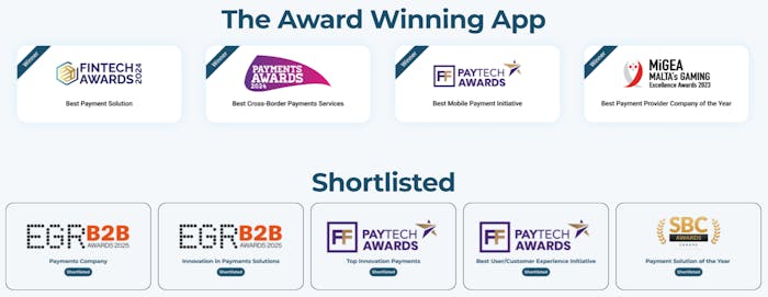 Olika priser som MiFinity har vunnit och blivit nominerad till, som exempelvis Best Payment Solution från Fintech Awards 2024.