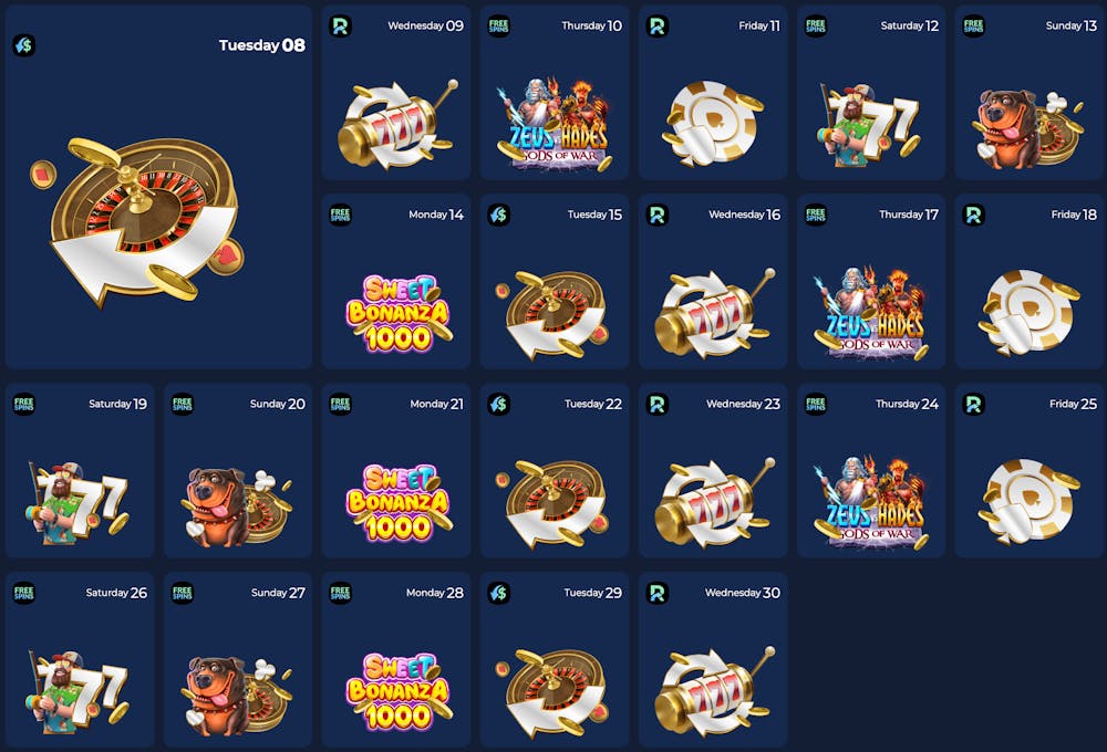 En kalender som visar dagliga bonusar på Moana Casino.