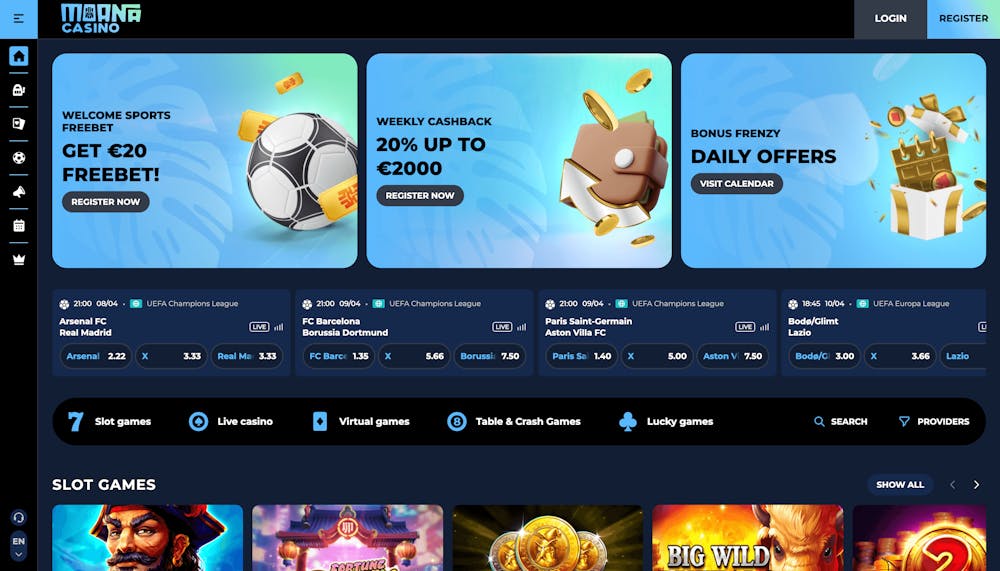 Moana Casinos förstasida med erbjudande presenterade.